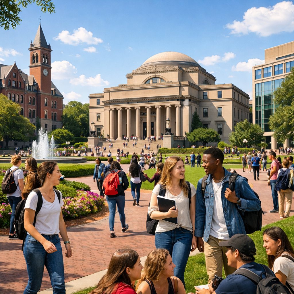 college campus with big buildings and students-1