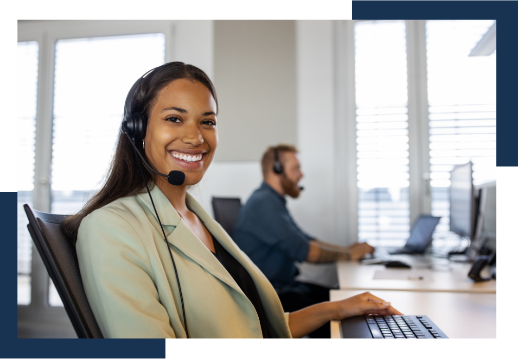 woman smiling wearing a headset